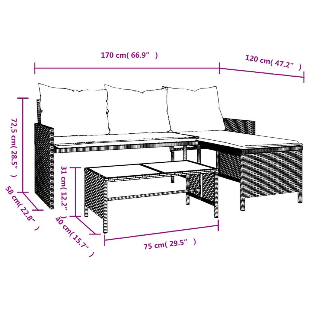 Patio Sofa with Table and Cushions L-Shaped Black Poly Rattan