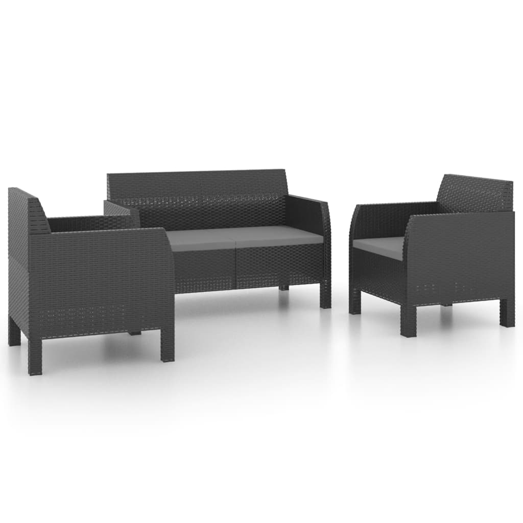 3 Piece Patio Lounge Set with Cushions PP Rattan Anthracite