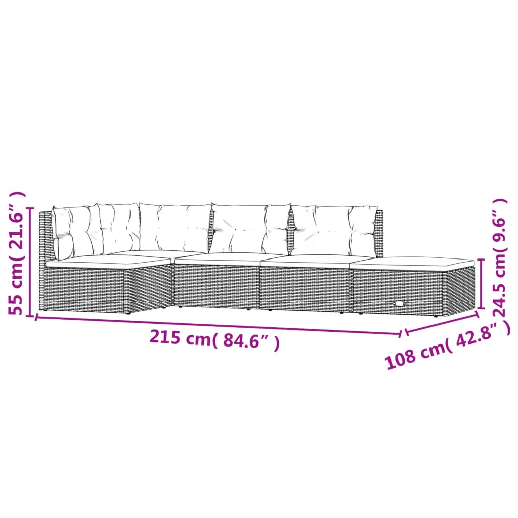 5 Piece Patio Lounge Set with Cushions Gray Poly Rattan