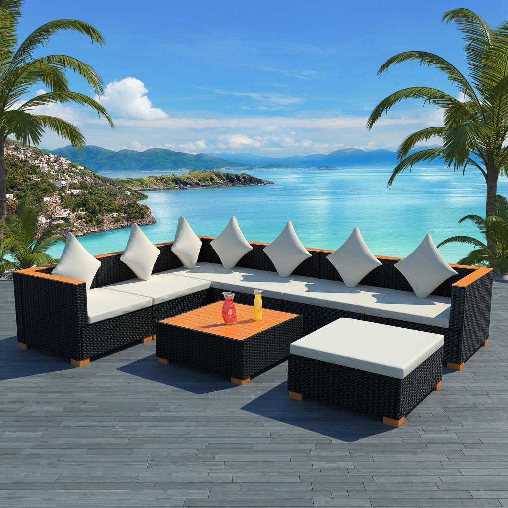 8 Piece Patio Lounge Set with Cushions Poly Rattan Black