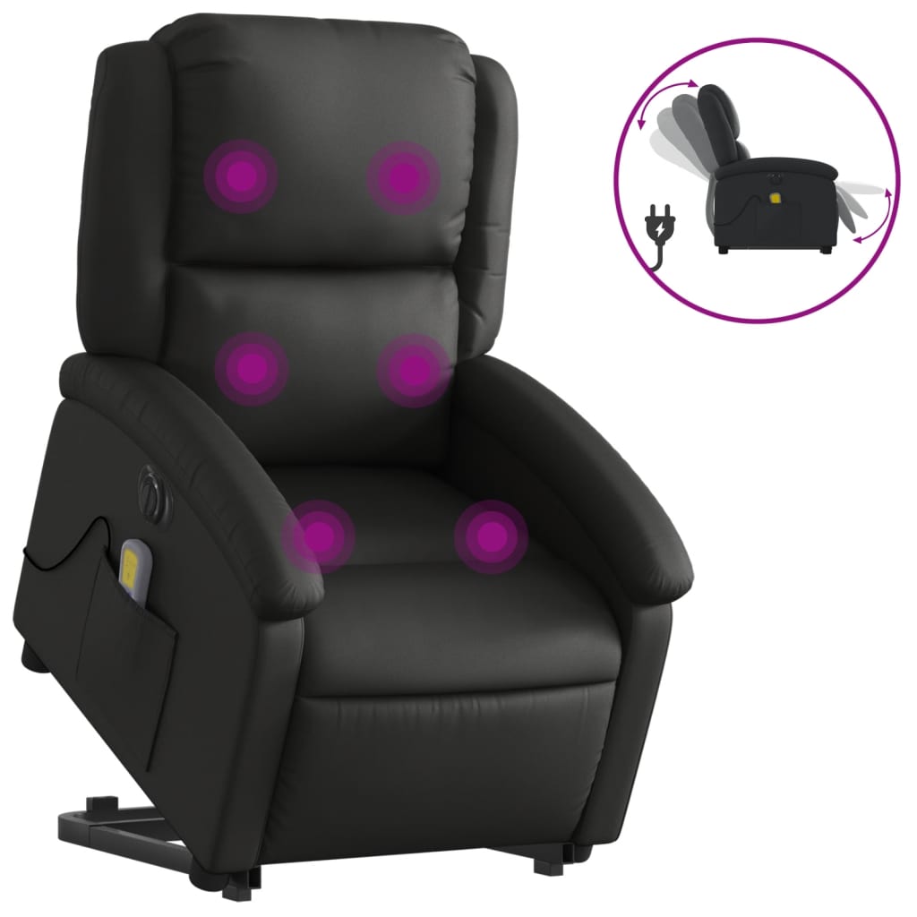 Electric Stand up Massage Recliner Chair Black Real Leather