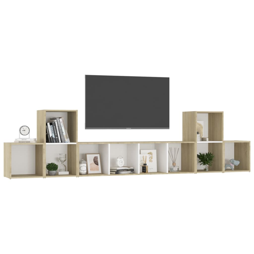 5 Piece TV Stand Set White and Sonoma Oak Engineered Wood