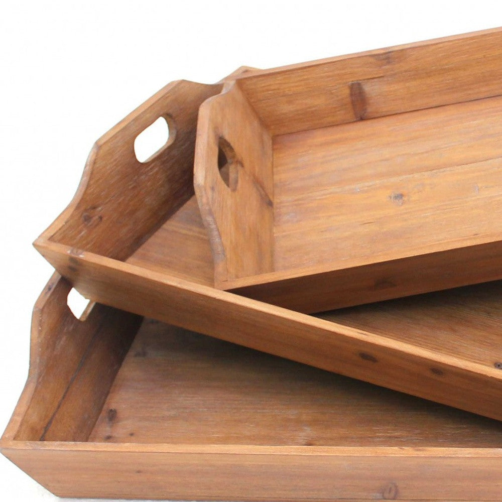 Set of Three Brown Wood Serving Tray