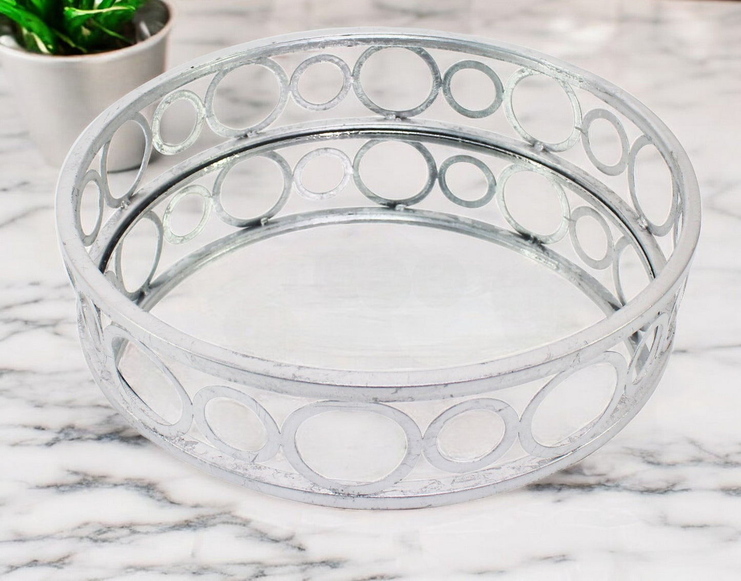 14" Silver Round Metal Geometric Vanity Tray