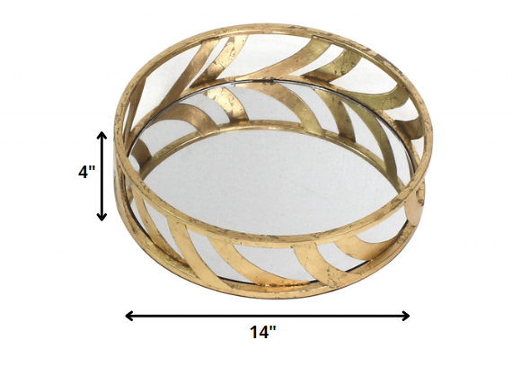 14" Gold Round Metal Geometric Vanity Tray