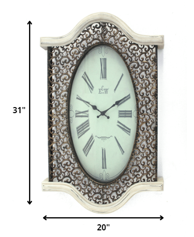 20" Oval Antiqued Bronze Wood and Glass Analog Wall Clock