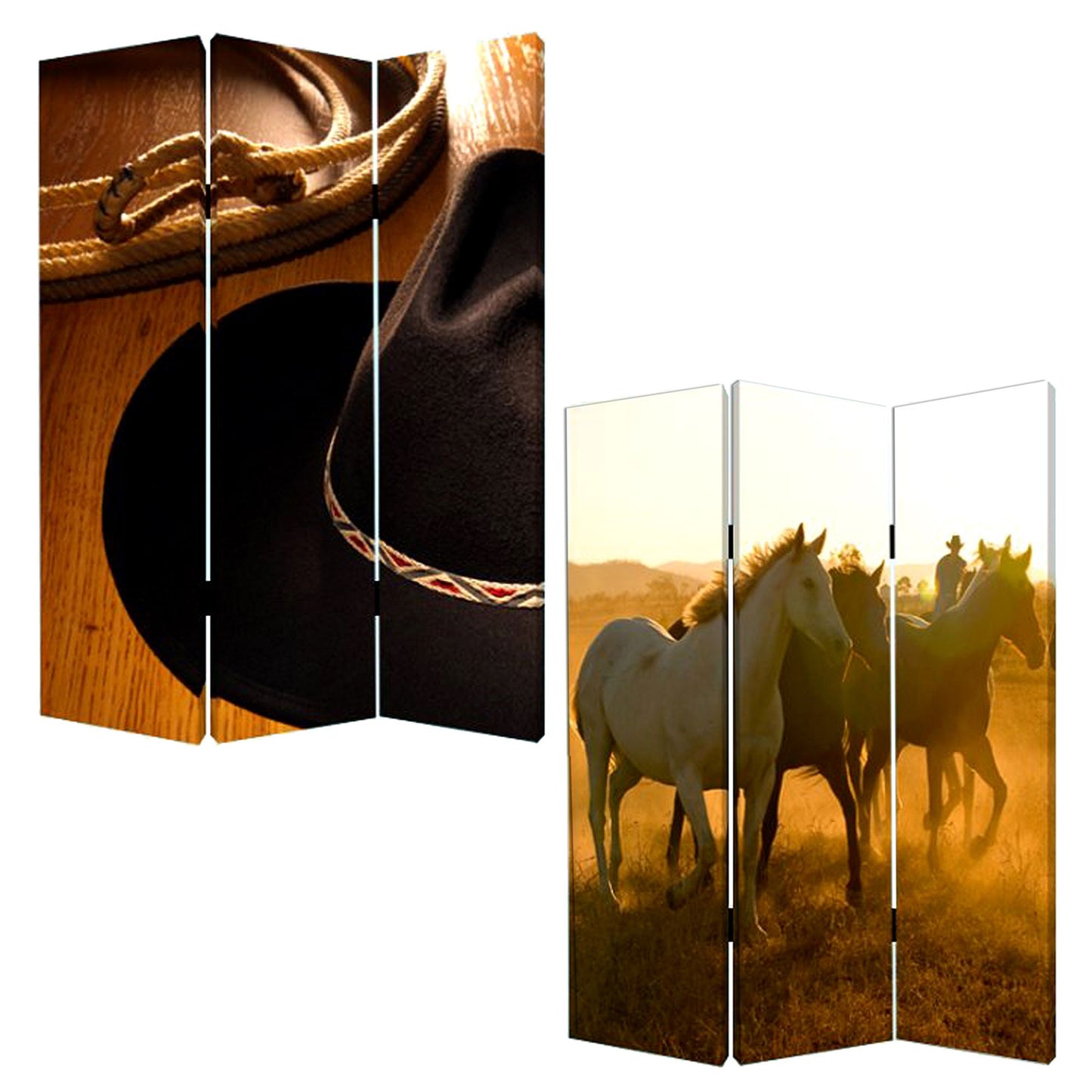 72" Brown and Black Canvas Folding Three Panel Screen Room Divider