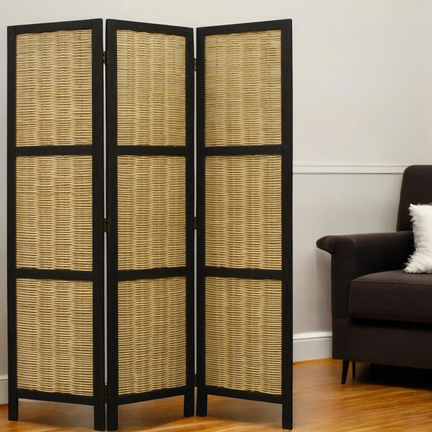 67" Brown Folding Three Panel Screen Room Divider