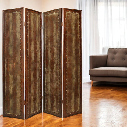 84" Brown Faux Leather Folding Four Panel Screen Room Divider