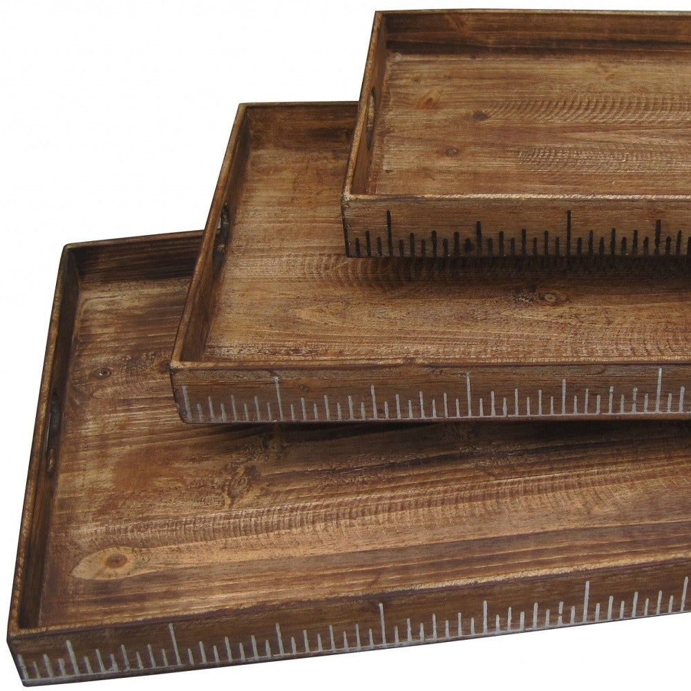 Set of Three Brown Wood Serving Tray