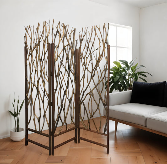 70" Brown Wood Branches Folding Three Panel Screen Room Divider