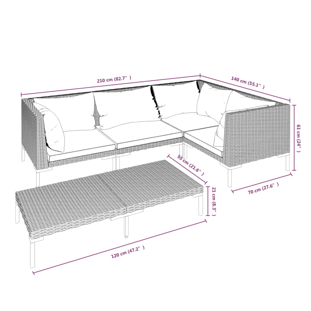 5 Piece Patio Lounge Set with Cushions Poly Rattan Dark Gray