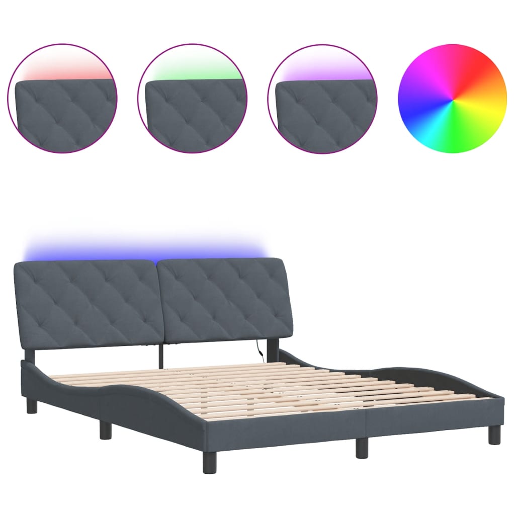 Bed Frame with LED without Mattress Dark Gray 59.8"x79.9" Velvet