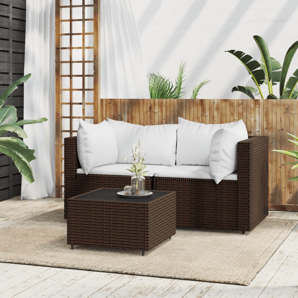 3 Piece Patio Lounge Set with Cushions Brown Poly Rattan