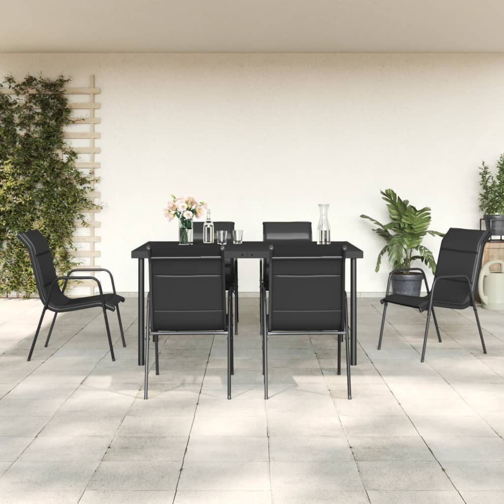 7 Piece Patio Dining Set Black Steel and Textilene