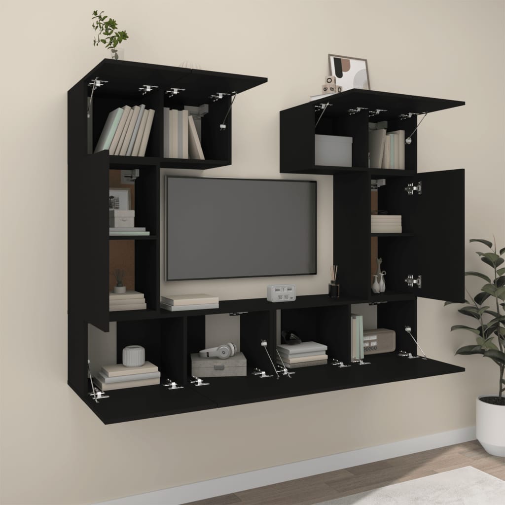 6 Piece TV Stand Set Black Engineered Wood