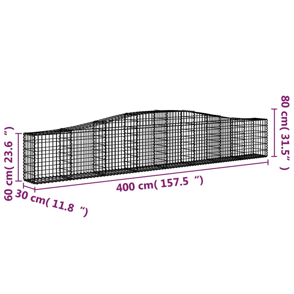 Arched Gabion Baskets 9 pcs 157.5"x11.8"x23.6"/31.5" Galvanized Iron