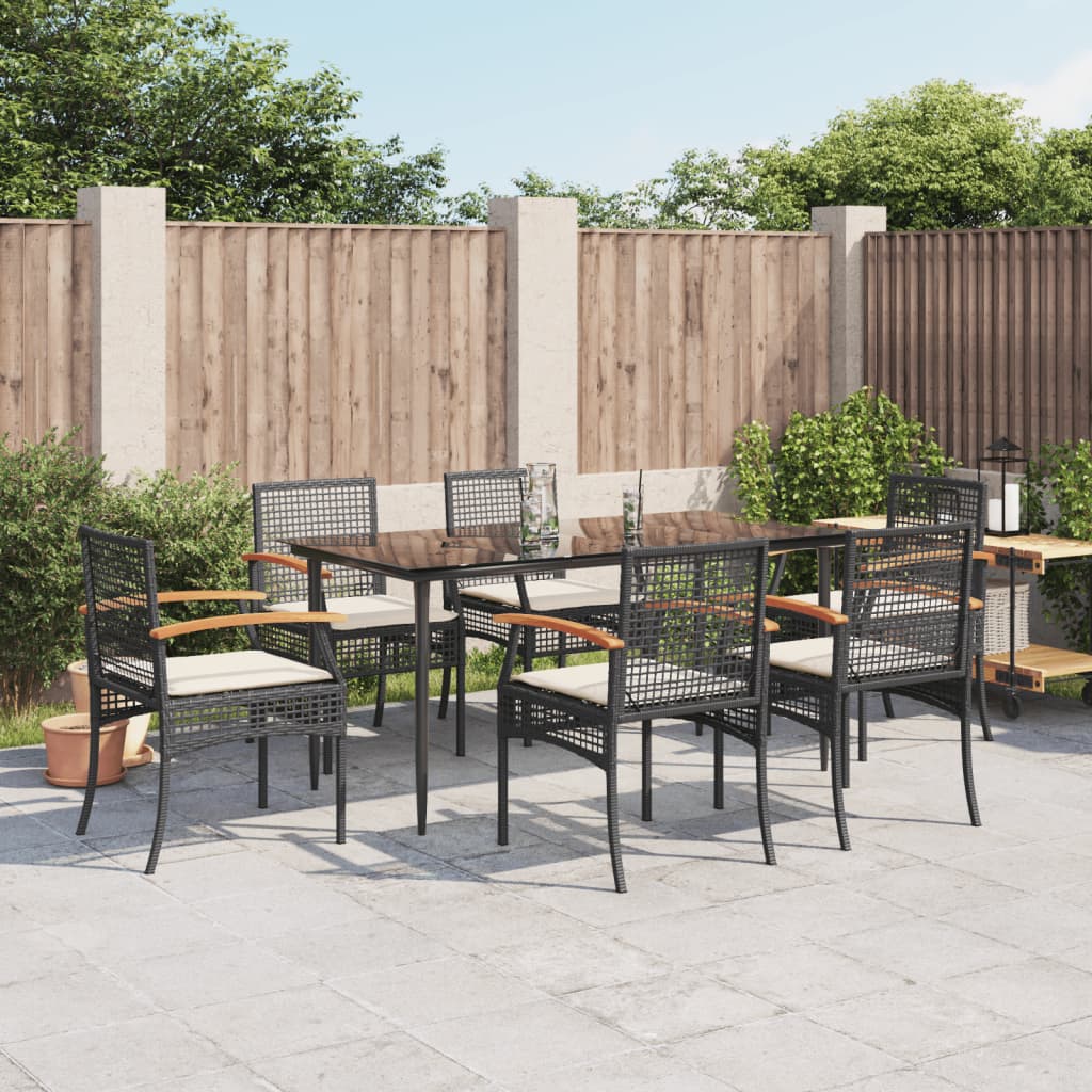 7 Piece Patio Dining Set with Cushions Black Poly Rattan