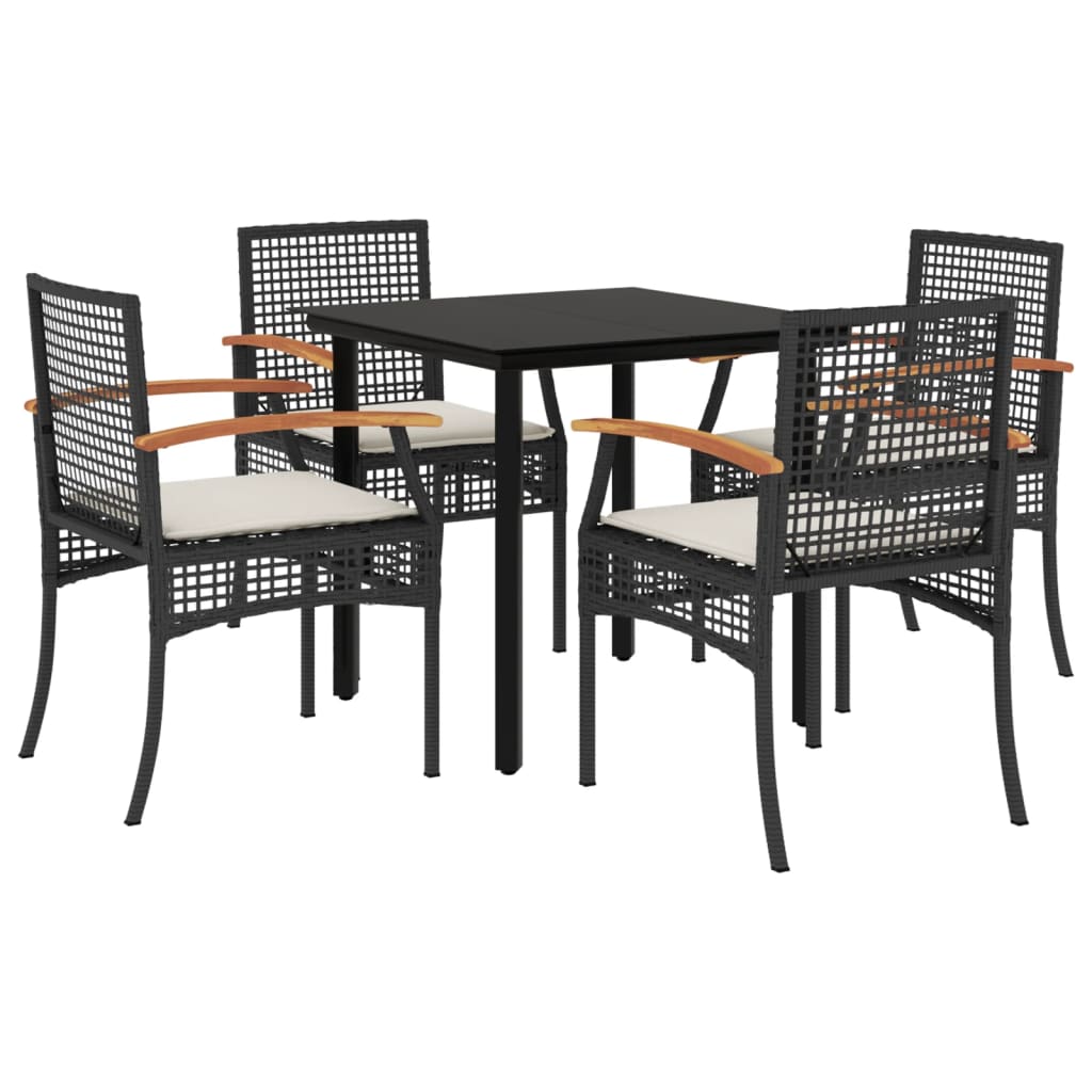 5 Piece Patio Dining Set with Cushions Black Poly Rattan