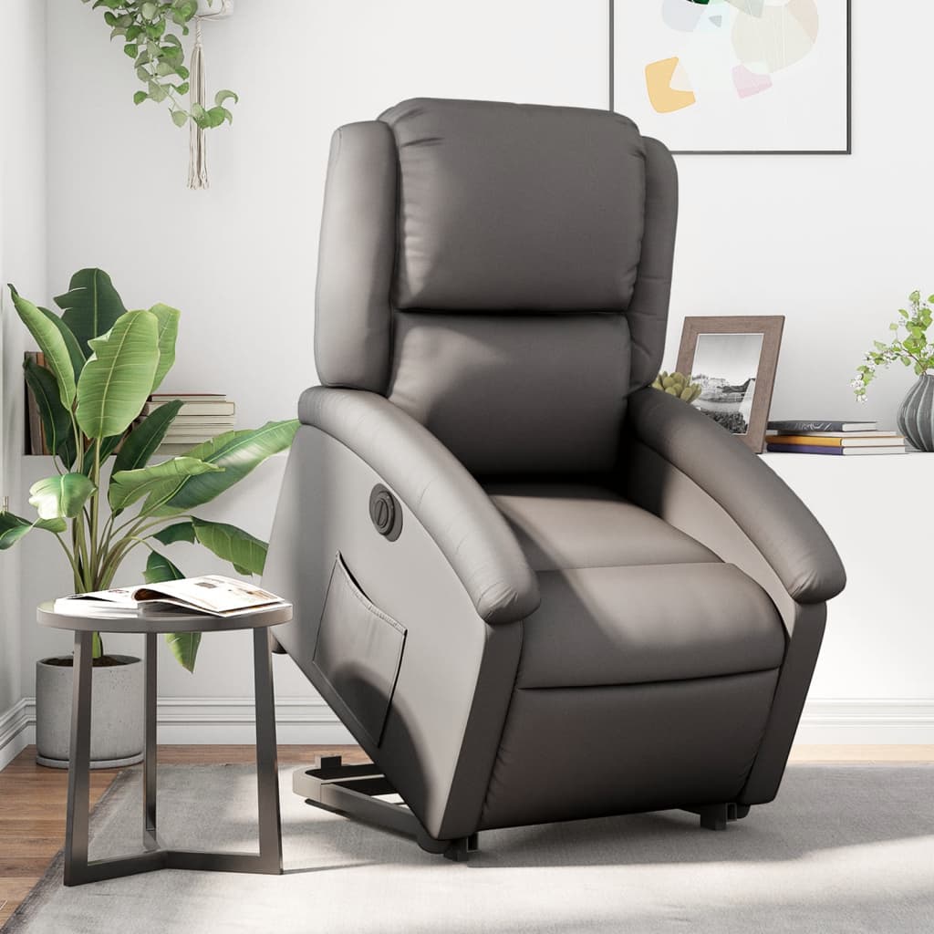 Electric Stand up Recliner Chair Gray Real Leather