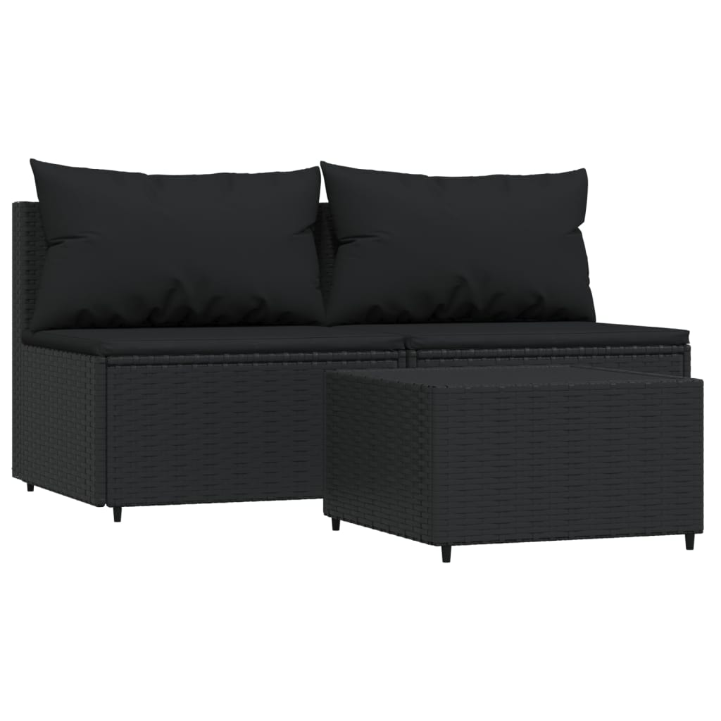 3 Piece Patio Lounge Set with Cushions Black Poly Rattan