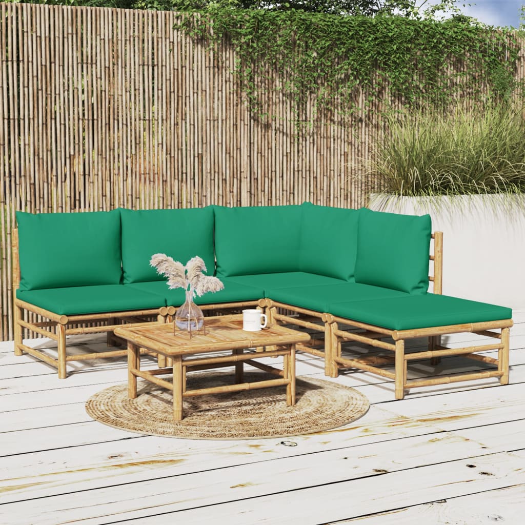 6 Piece Patio Lounge Set with Green Cushions Bamboo