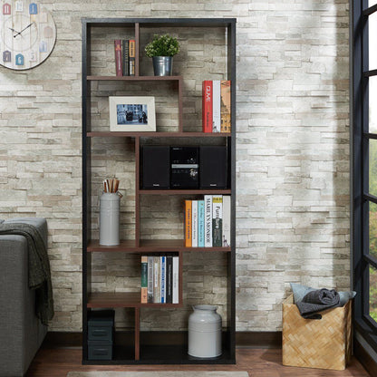 71" Brown and Black Solid Wood Nine Tier Etagere Bookcase