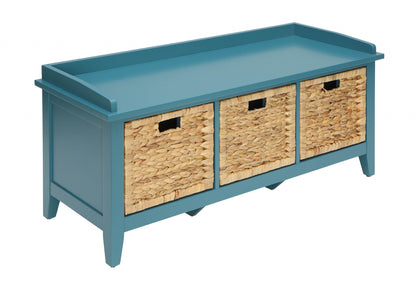 43" Teal Blue Solid Wood Storage Bench with Drawers