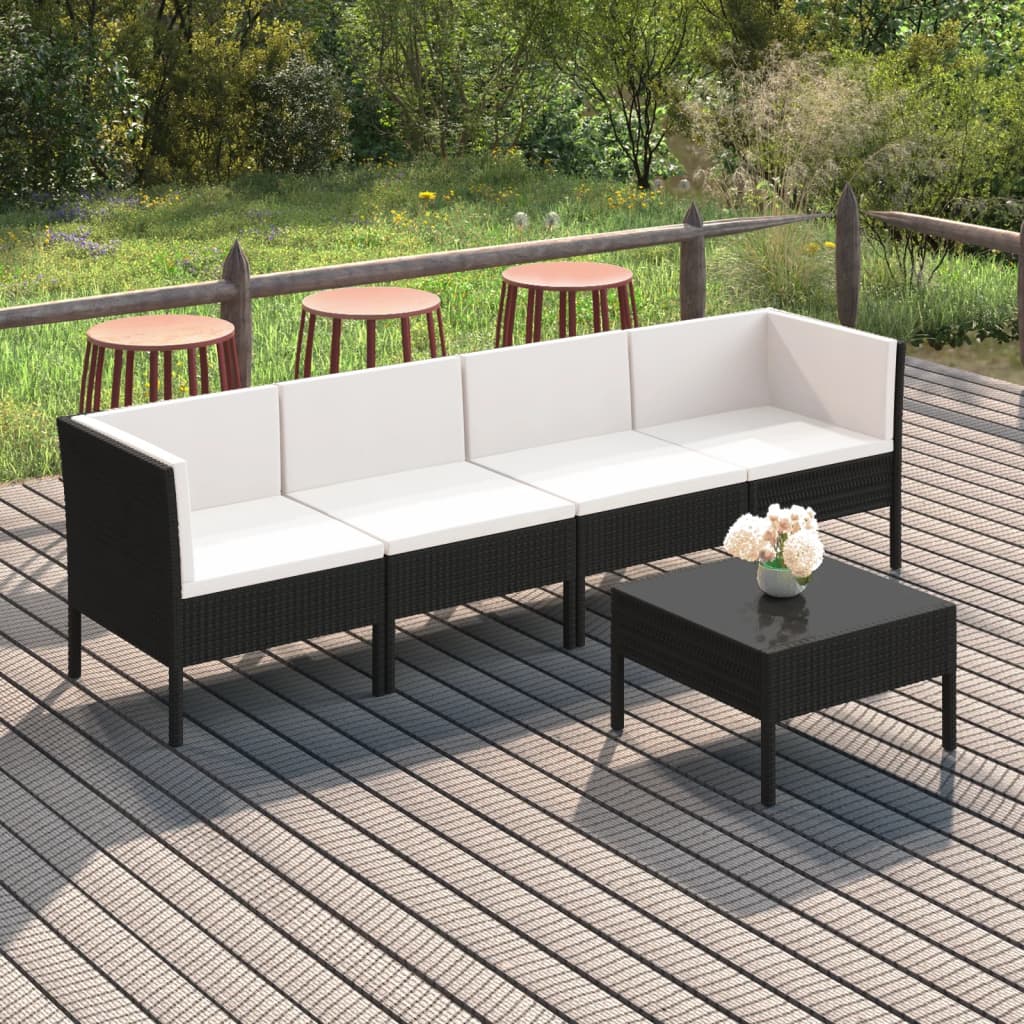 5 Piece Patio Lounge Set with Cushions Poly Rattan Black