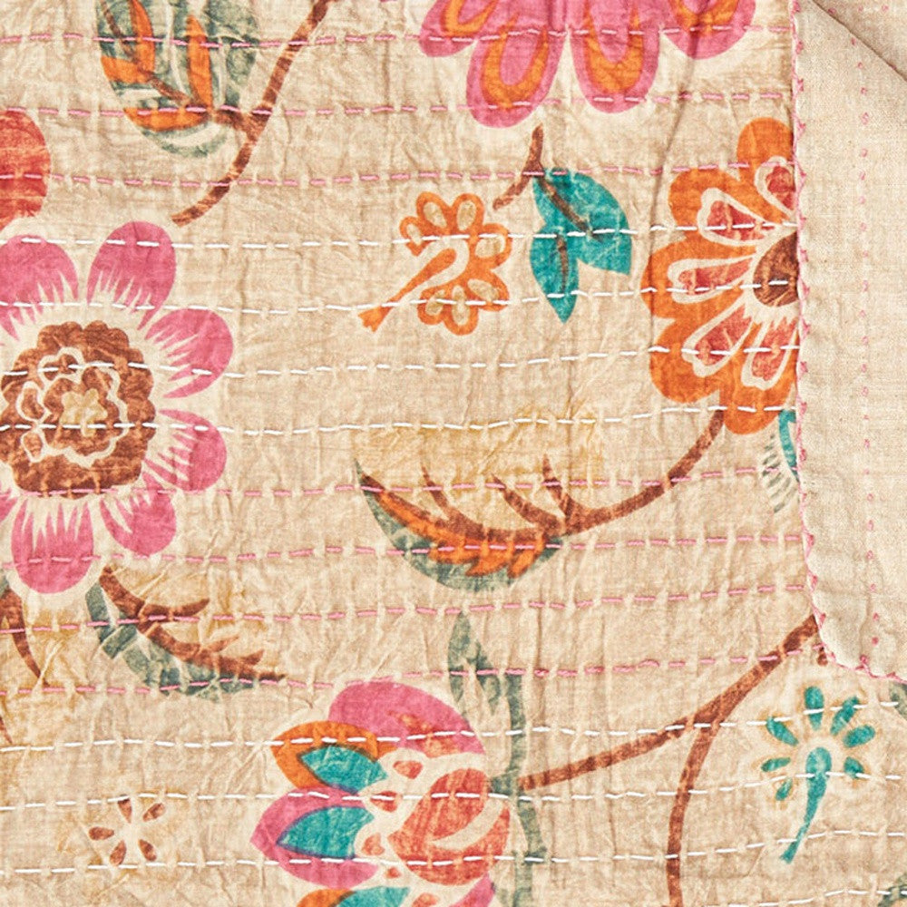 70" X 50" Beige Pink Orange and Green Kantha Cotton Floral Throw Blanket with Embroidery