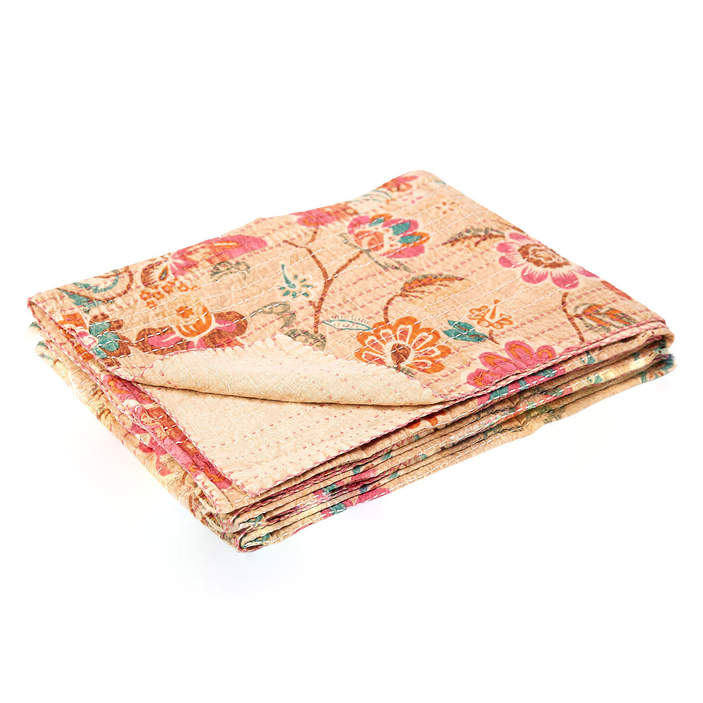 70" X 50" Beige Pink Orange and Green Kantha Cotton Floral Throw Blanket with Embroidery