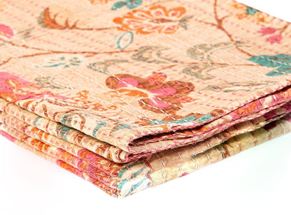 70" X 50" Beige Pink Orange and Green Kantha Cotton Floral Throw Blanket with Embroidery