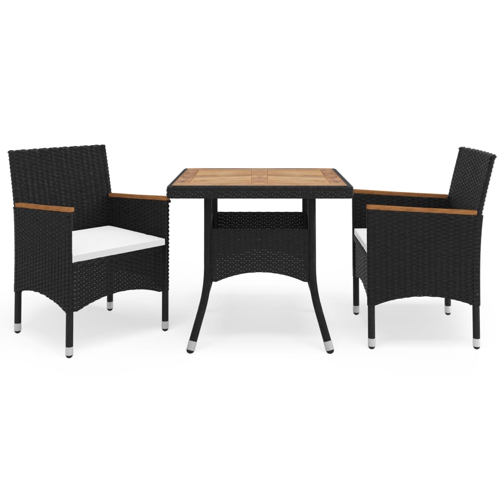 3 Piece Patio Dining Set Black Poly Rattan and Acacia Wood