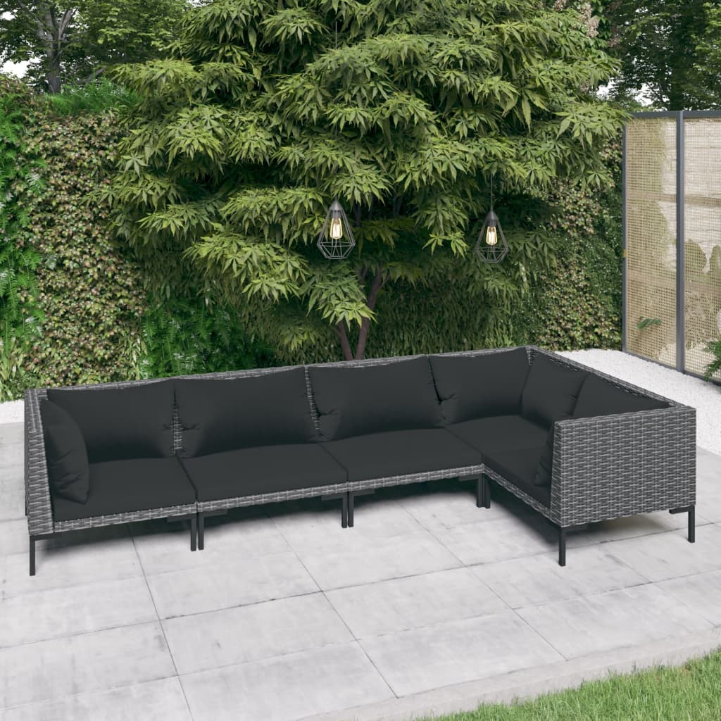 5 Piece Patio Lounge Set with Cushions Poly Rattan Dark Gray