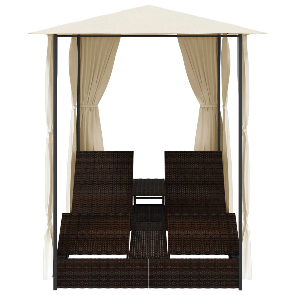 Double Sun Lounger with Curtains Poly Rattan Brown