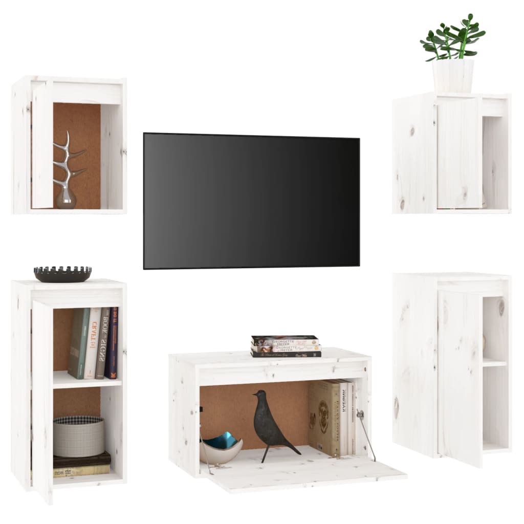 TV Stands 5 Pcs White Solid Wood Pine