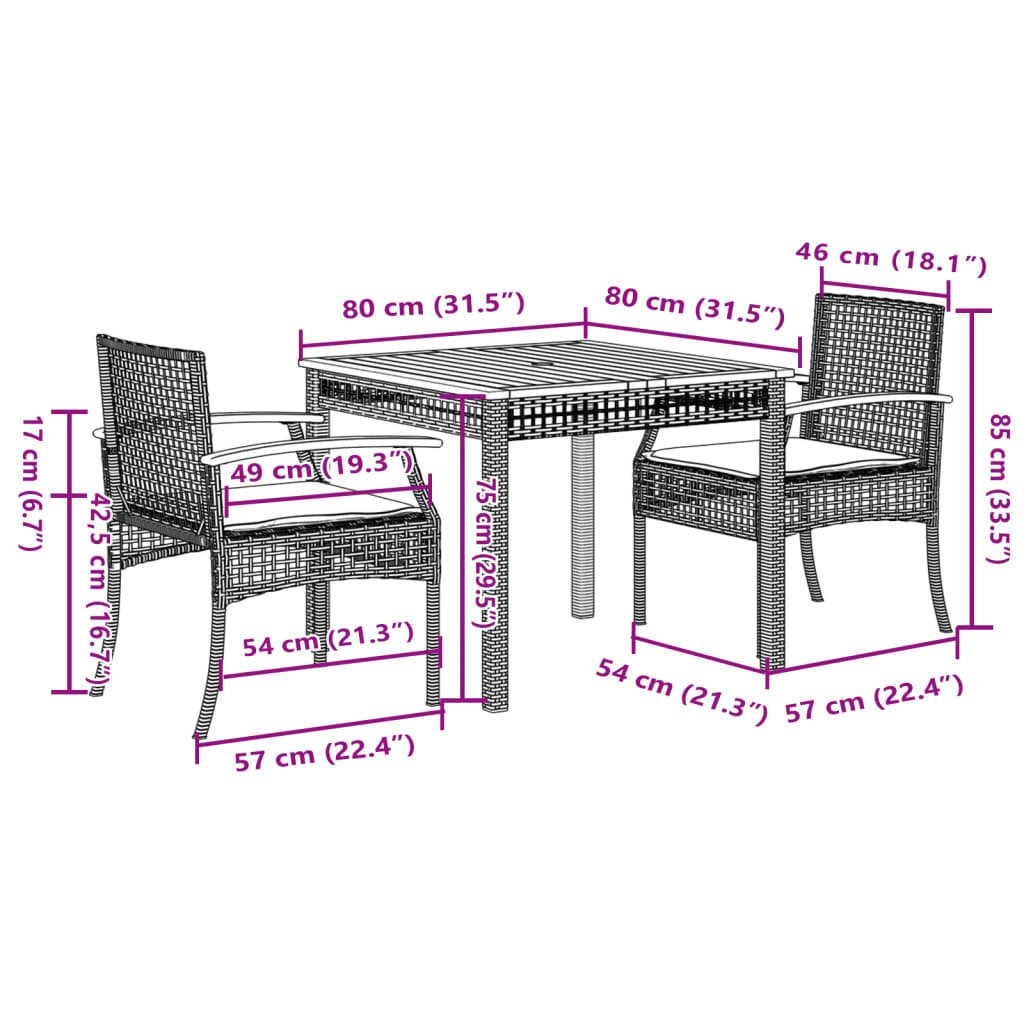 3 Piece Patio Dining Set with Cushions Beige Poly Rattan