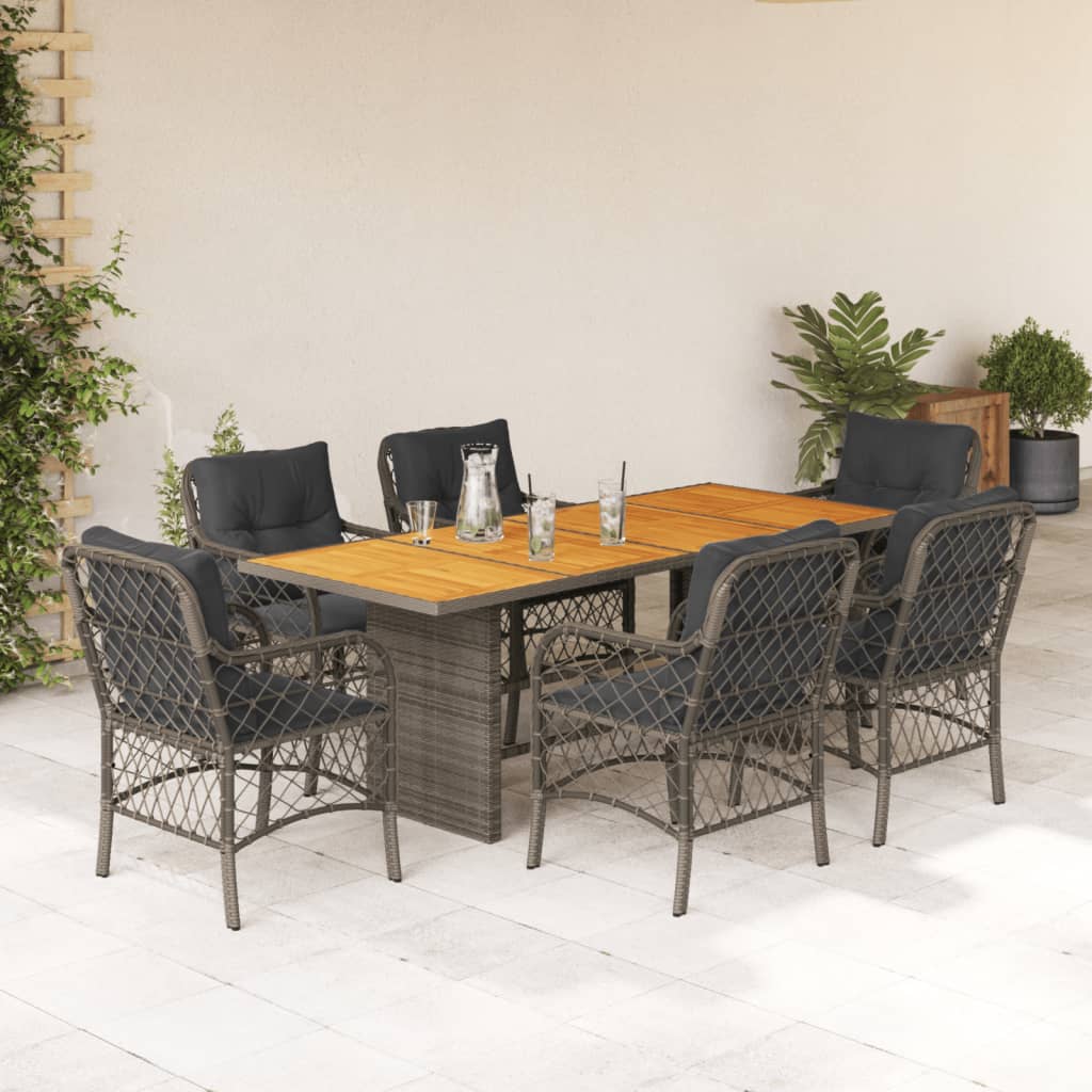 7 Piece Patio Dining Set with Cushions Gray Poly Rattan