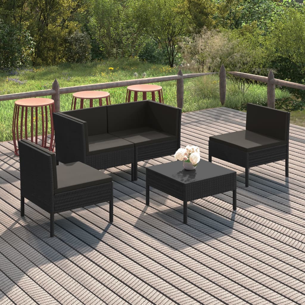 5 Piece Patio Lounge Set with Cushions Poly Rattan Black