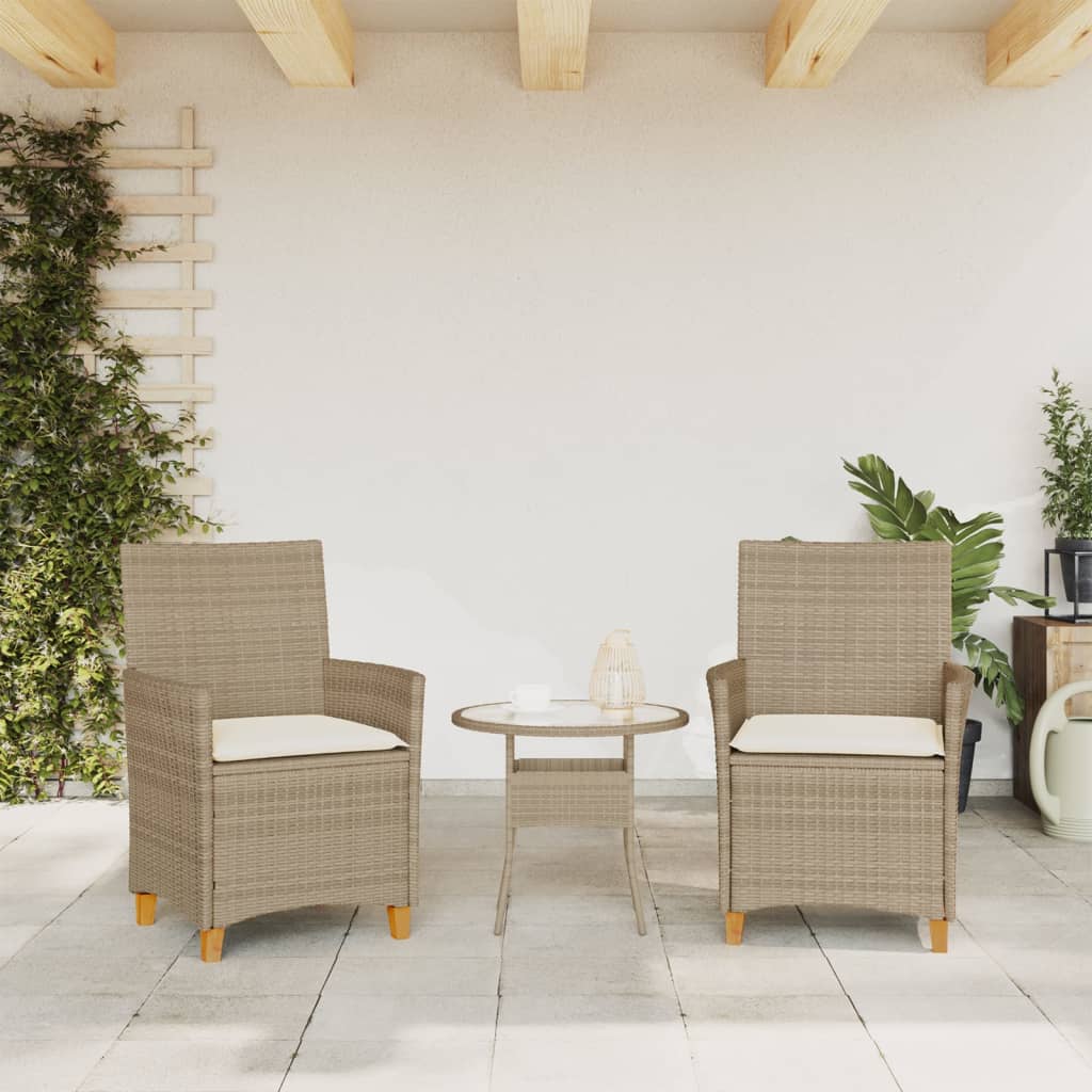 Patio Chairs with Cushions 2 pcs Beige Poly Rattan&Solid Wood