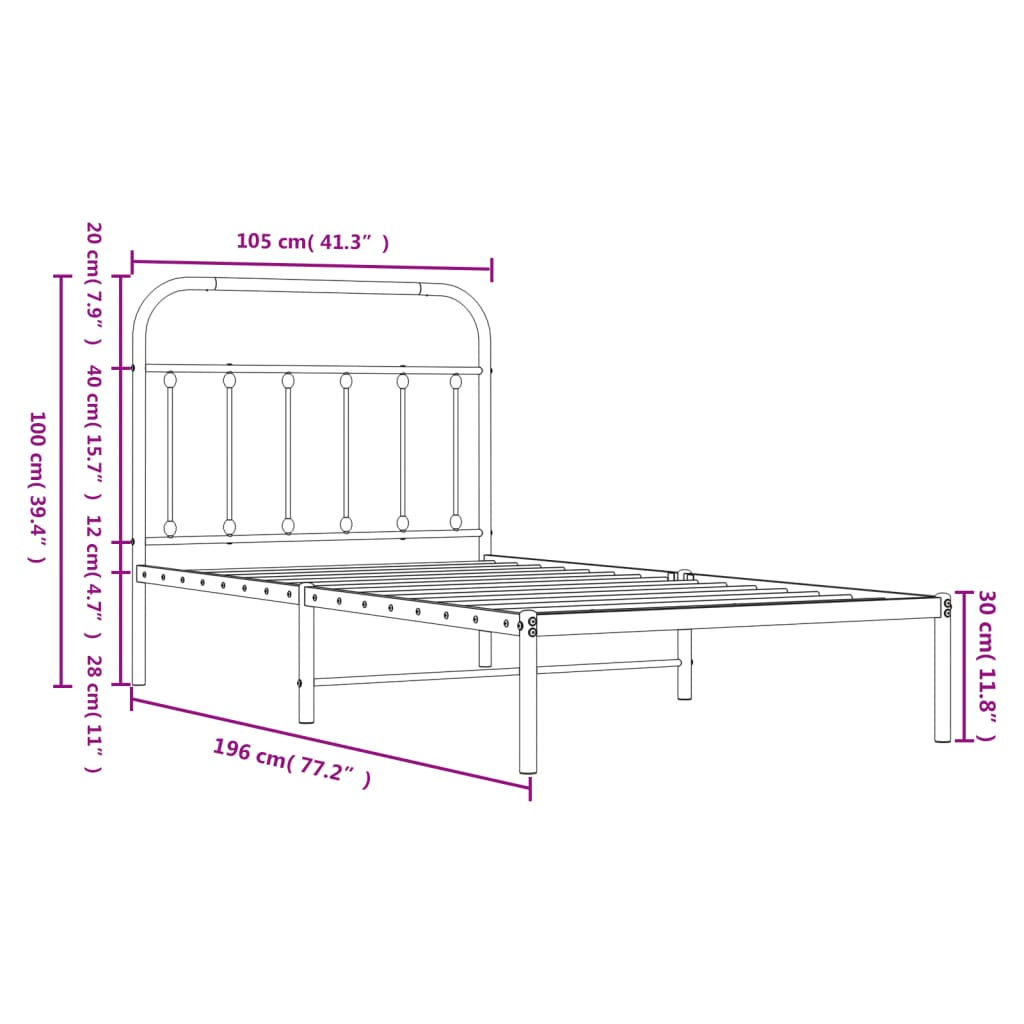 Metal Bed Frame without Mattress with Headboard Black 39.4"x74.8"