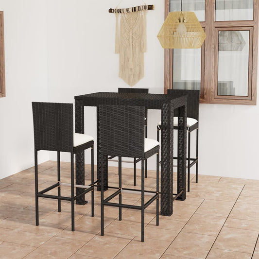 5 Piece Patio Bar Set with Cushions Poly Rattan Black