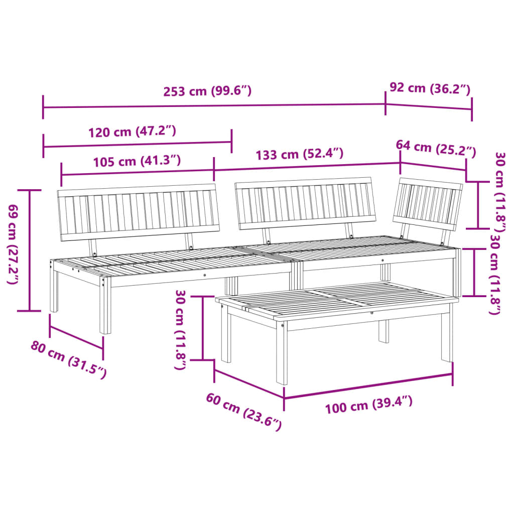 3 Piece Patio Pallet Sofa Set Solid Wood Acacia