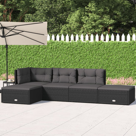 5 Piece Patio Lounge Set with Cushions Black Poly Rattan