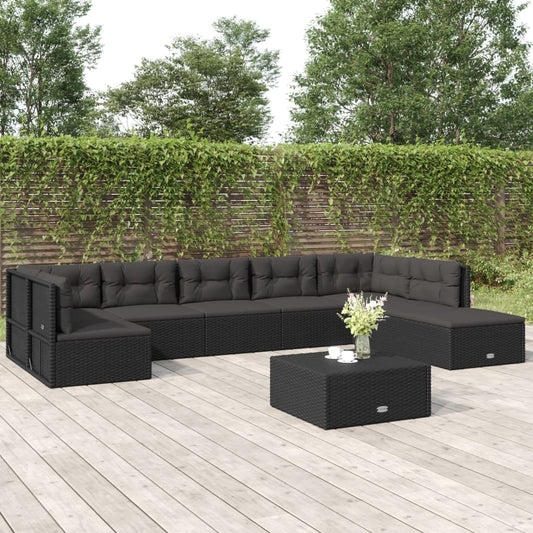 8 Piece Patio Lounge Set with Cushions Black Poly Rattan