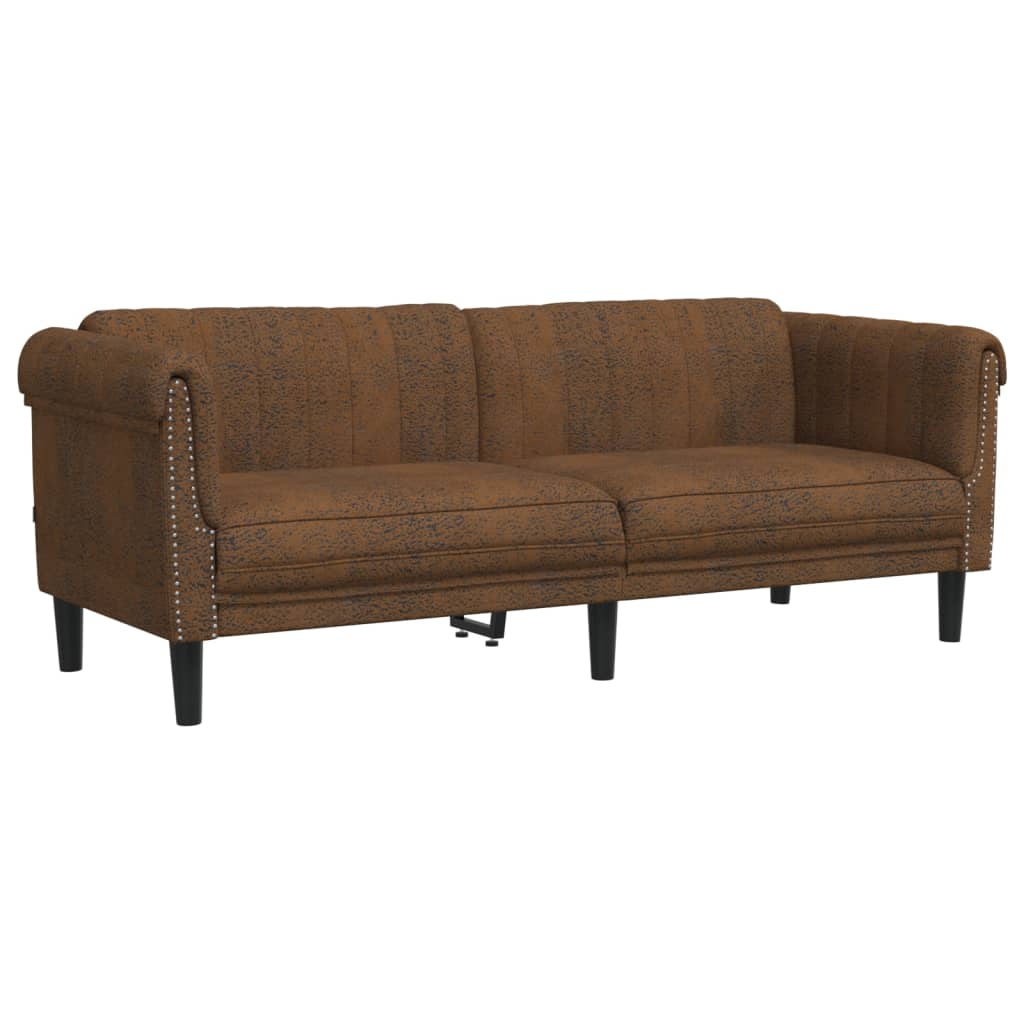 Sofa 3-Seater Brown Faux Suede Leather