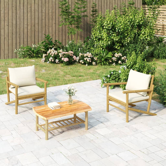 Patio Chairs 2 pcs with Cream White Cushions Bamboo