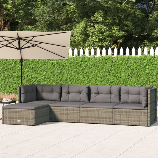 5 Piece Patio Lounge Set with Cushions Gray Poly Rattan