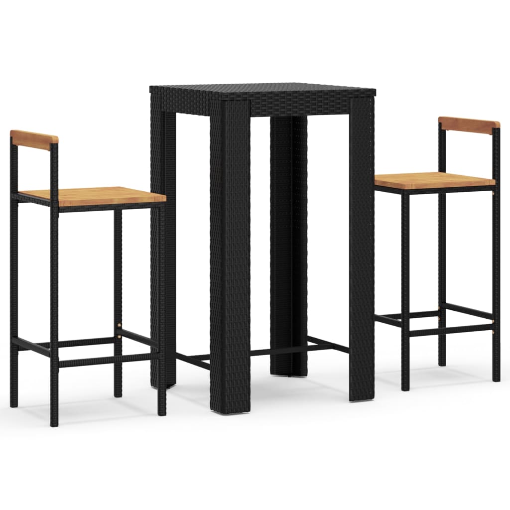 3 Piece Patio Bar Set Black Poly Rattan&Solid Wood Acacia