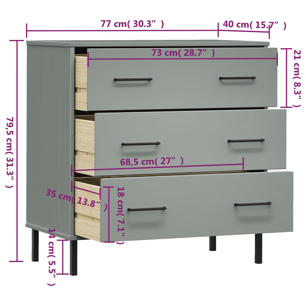 Sideboard with 3 Drawers Gray 30.3"x15.7"x31.3" Solid Wood OSLO